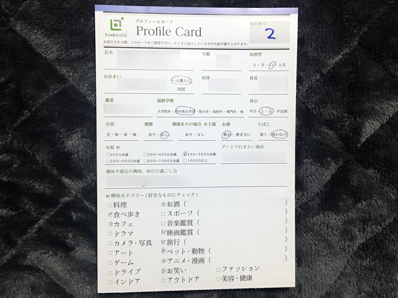 リンクストア婚活パーティーのプロフィールカード